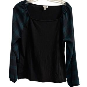 J.Crew Women's Black Square Neck Blouse Plaid Sleeves Size S
